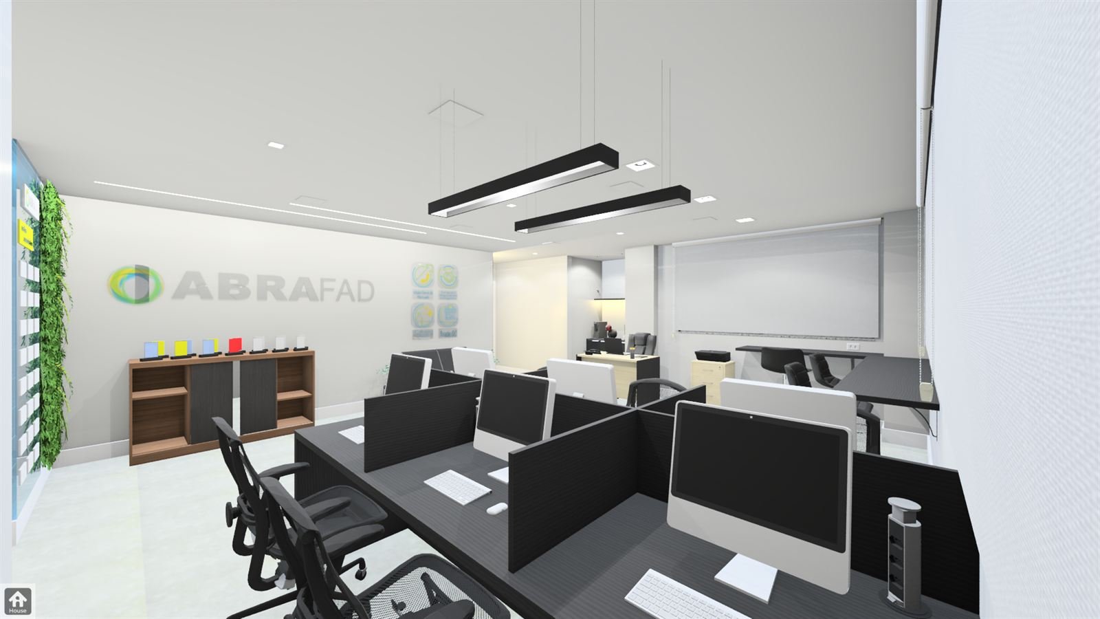Imagem 3D do escritório com estações de trabalho em preto, jardim vertical e iluminação linear.
