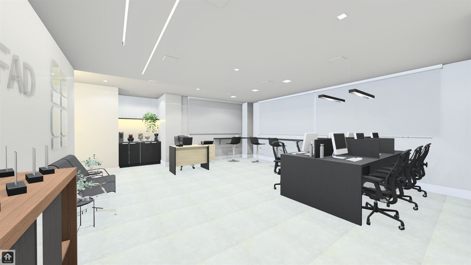 Imagem 3D da área aberta do escritório, com recepção e estações de trabalho.