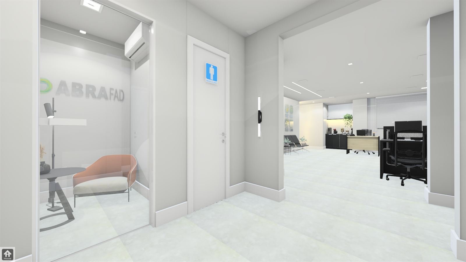 Imagem 3D do corredor do escritório com sala de espera envidraçada e sanitários.