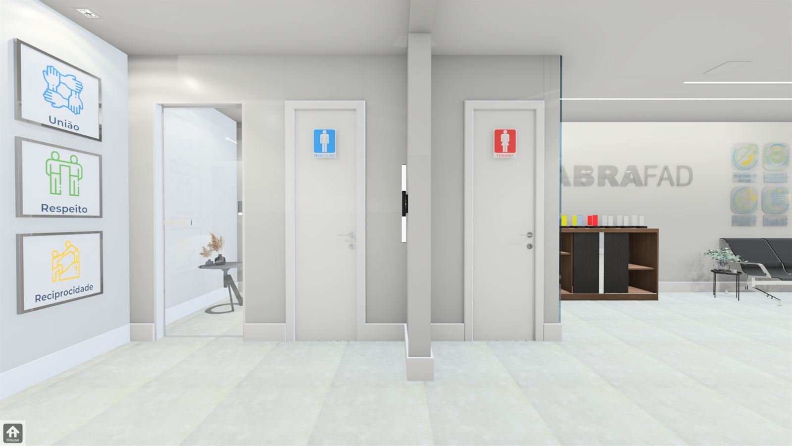 Imagem 3D da circulação do escritório com quadros de valores e acesso aos sanitários.