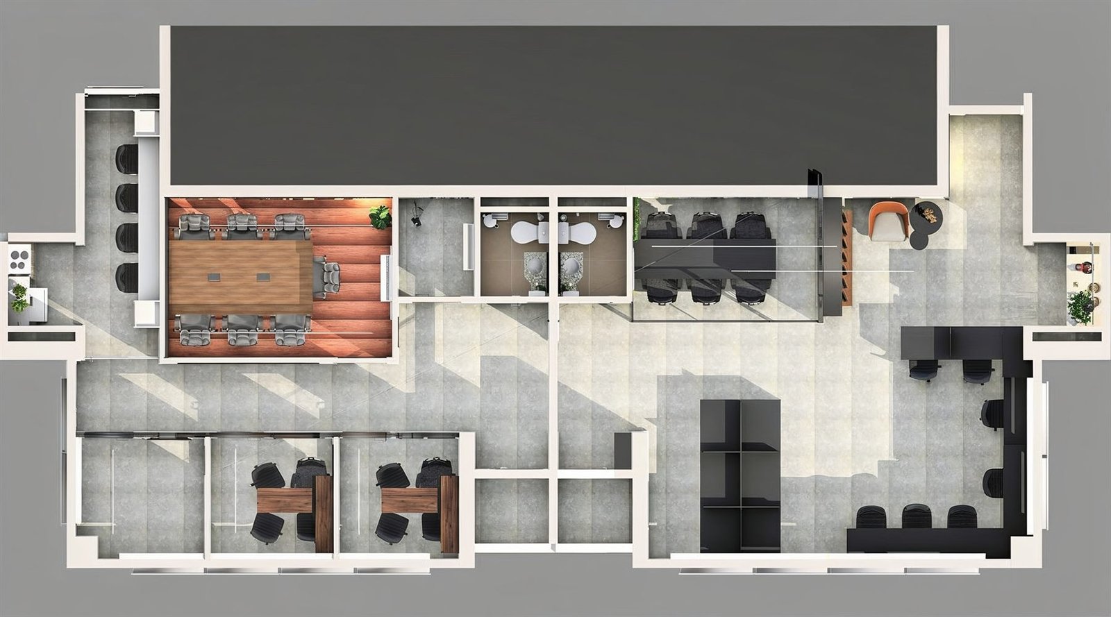 Planta humanizada do escritório com salas de reunião, estações de trabalho, sanitários, copa e recepção.